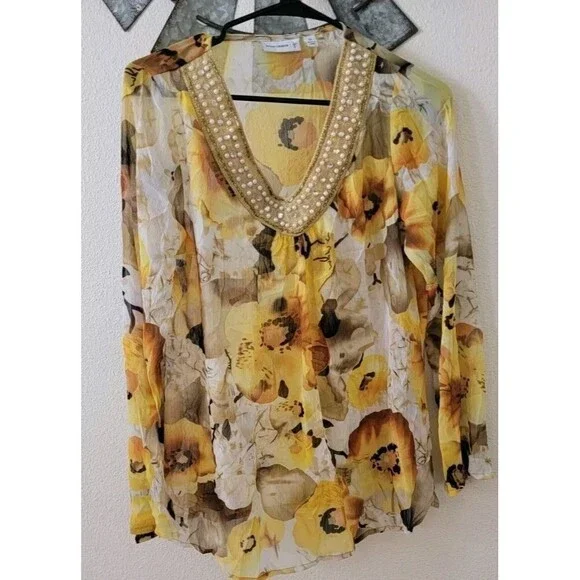 Susan Graver Womens Yellow floral Business Pearl Blouse Size XS. - Picture 2 of 11